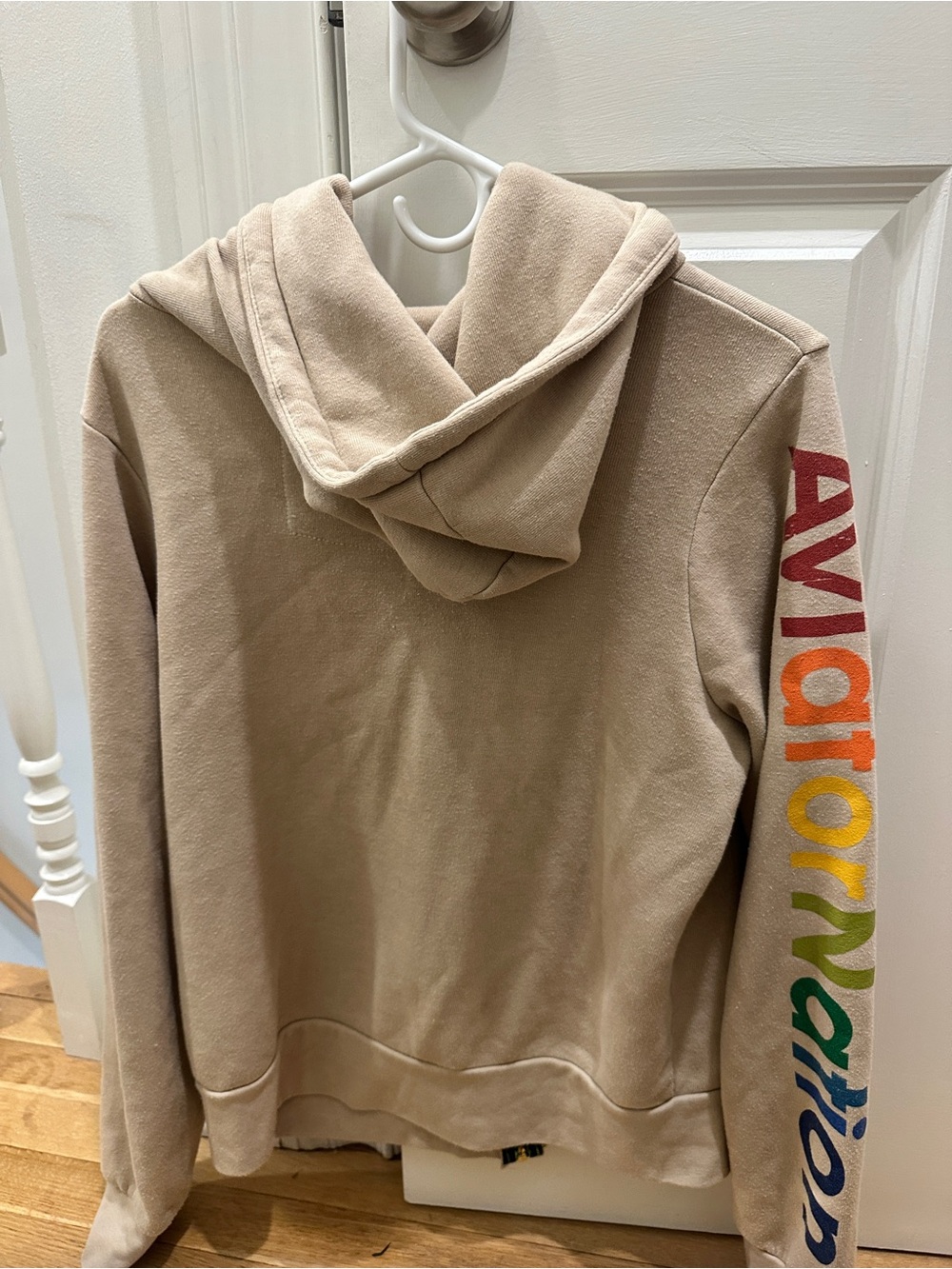 Aviator Nation Beige Crewneck Hoodie with Rainbow Sleeve Logo